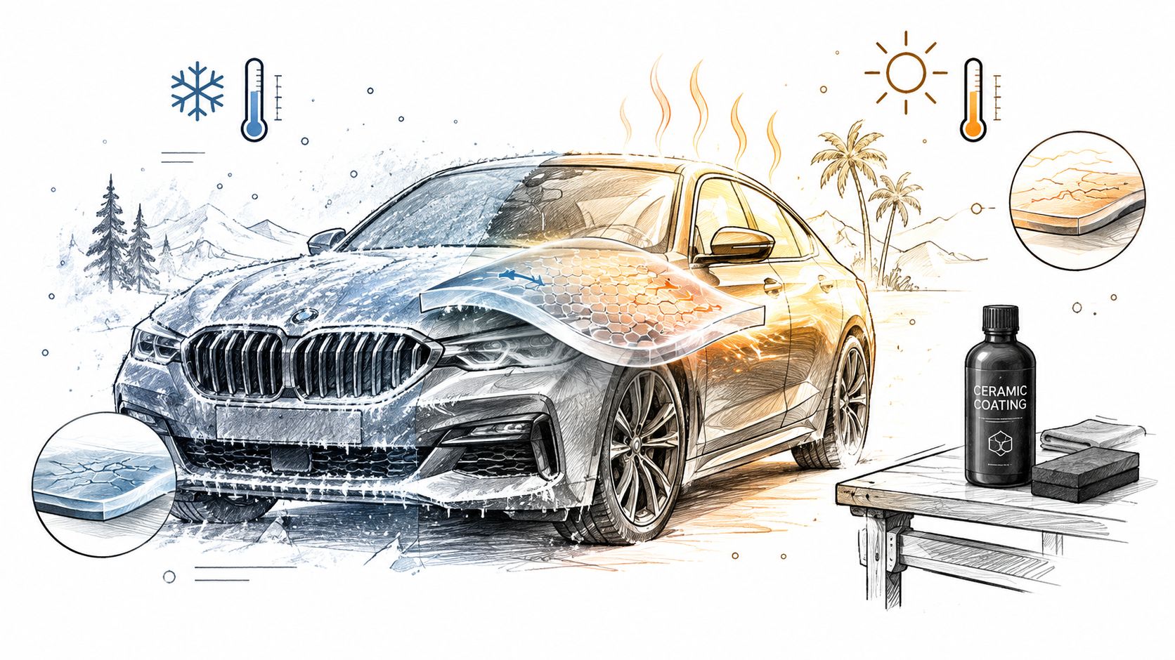 A pencil sketch style illustration showing a car protected by ceramic coating against extreme hot and cold weather.
