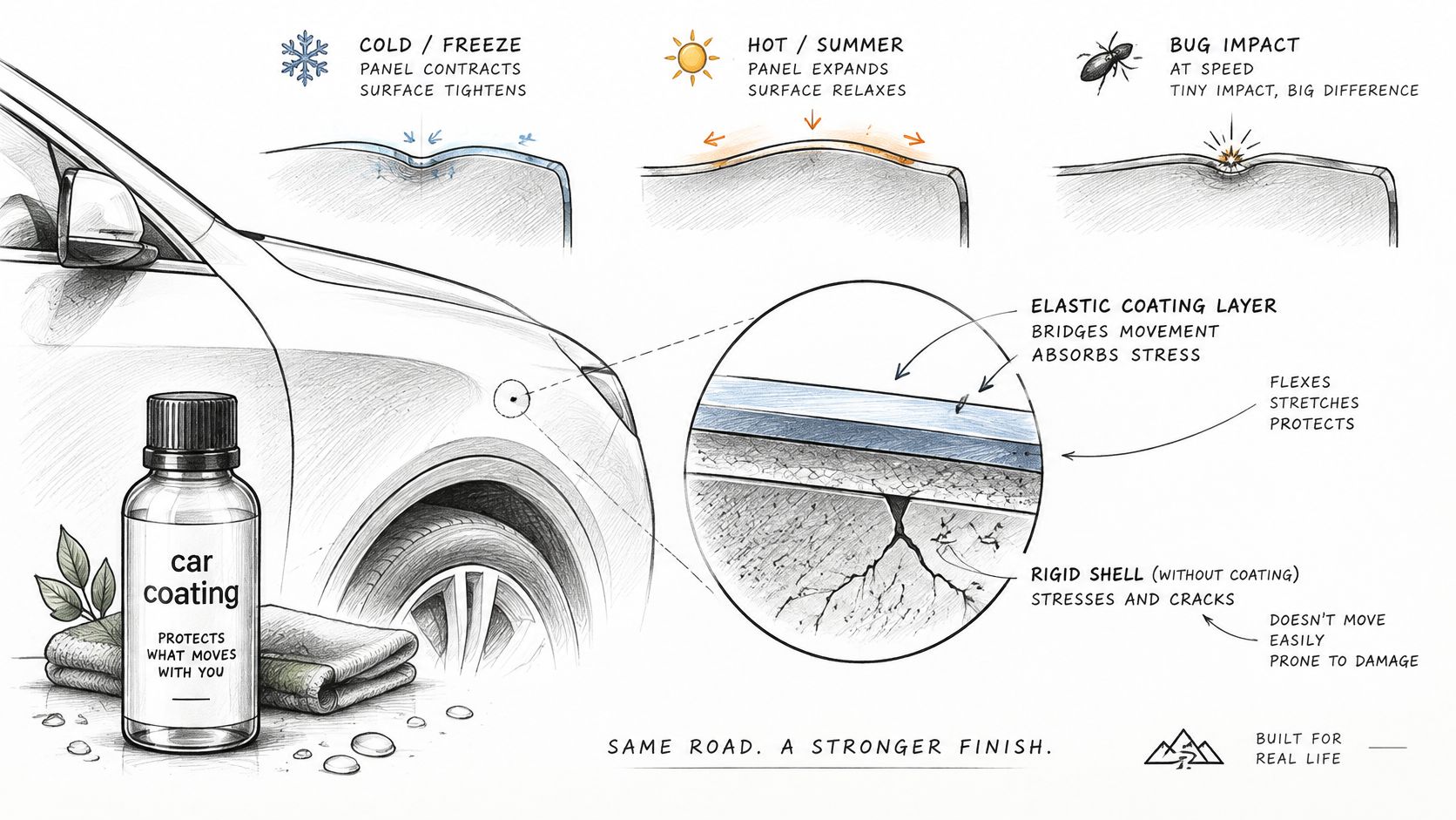 A diagram illustrating how elastic car coating protects vehicle surfaces from temperature changes and impact damage.