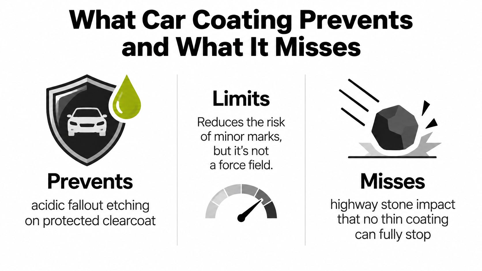 An infographic showing what car coatings prevent, their limitations, and what they cannot protect against.